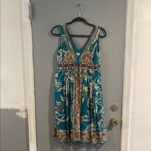 Nicole Miller Teal Floral V-Neck Sleeveless Dress